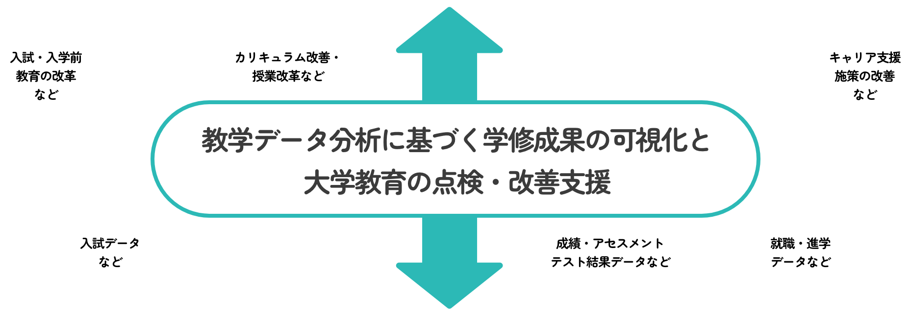 教学データ分析に基づく学修成果の可視化と大学教育の点検・改善支援 入試・入学前教育の改革など 入試データなど カリキュラム改善・授業改革など 成績・アセスメントテスト結果データなど 就職・進学データなど キャリア支援施策の改善など